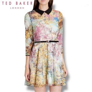 Ted Baker Eponi Dress Tree Bird Novelty Print Women’s Size 0 Peter Pan Collar
